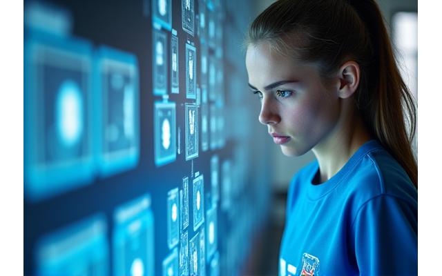 Jovem atleta feminina de futebol concentrada a estudar a tática num tablet, com diagramas de jogo, em ambiente de academia sofisticado.