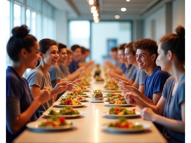 Atletas a desfrutar de uma refeição saudável e equilibrada no refeitório espaçoso da academia, conversando e rindo, num ambiente acolhedor.