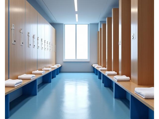 Balneário moderno e espaçoso com cacifes individuais e bancos, limpo e organizado, pronto para os atletas.