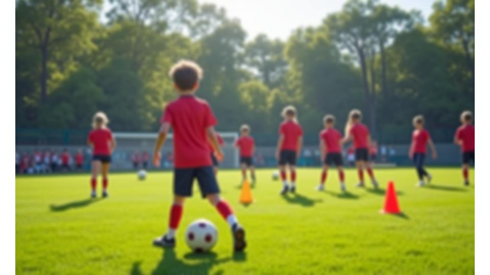 Jovens jogadores a participar numa prova de captação de talentos em campo de futebol.